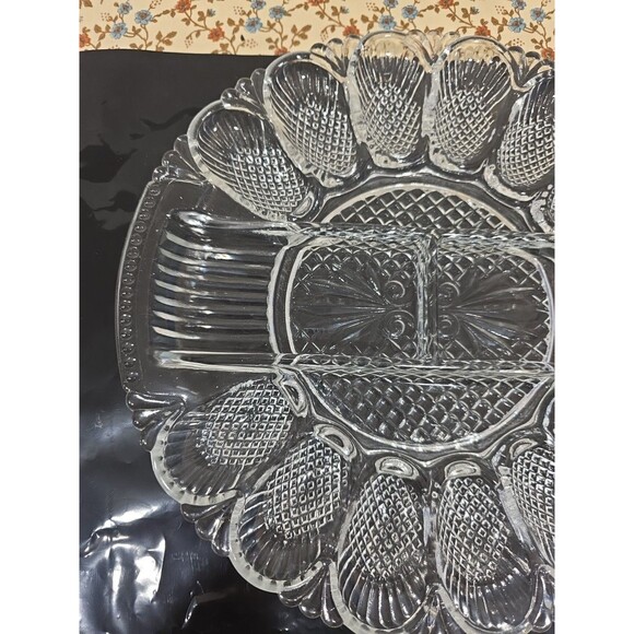 Vtg LE Smith Cut Glass Deviled Egg Plate Relish Platter Pineapple Round 10.5" - Picture 2 of 8